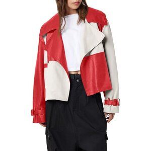 Women's Faux Leather Bomber Jacket with Bow Red Stylish Fall Outerwear Coat